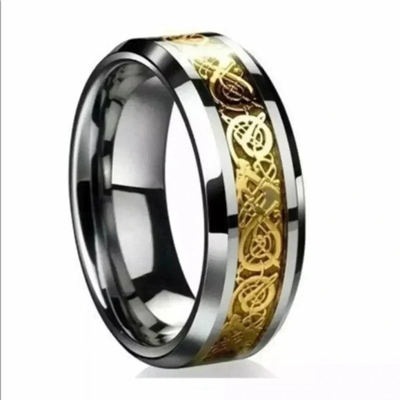 Men’s Celt Celtic Dragon Gold Steel Ring NWT - Picture 1 of 3